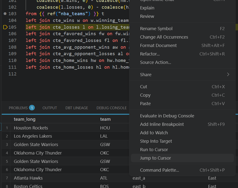Debugger context menu and editor