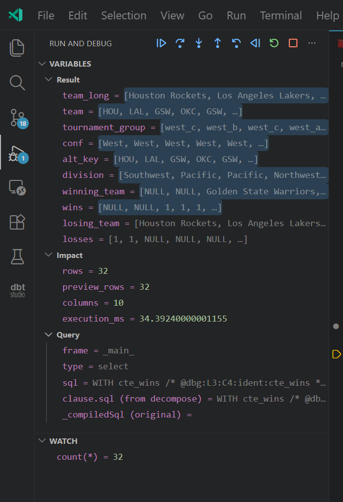Debugger variables panel